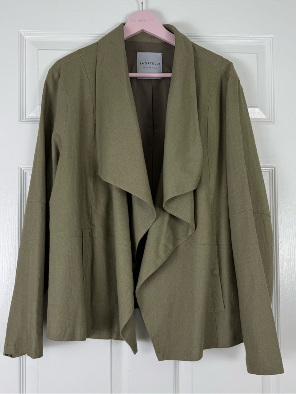 NWT Bagatelle LINEN Blend Olive Green Draped Open-Front Jacket Blazer 2X